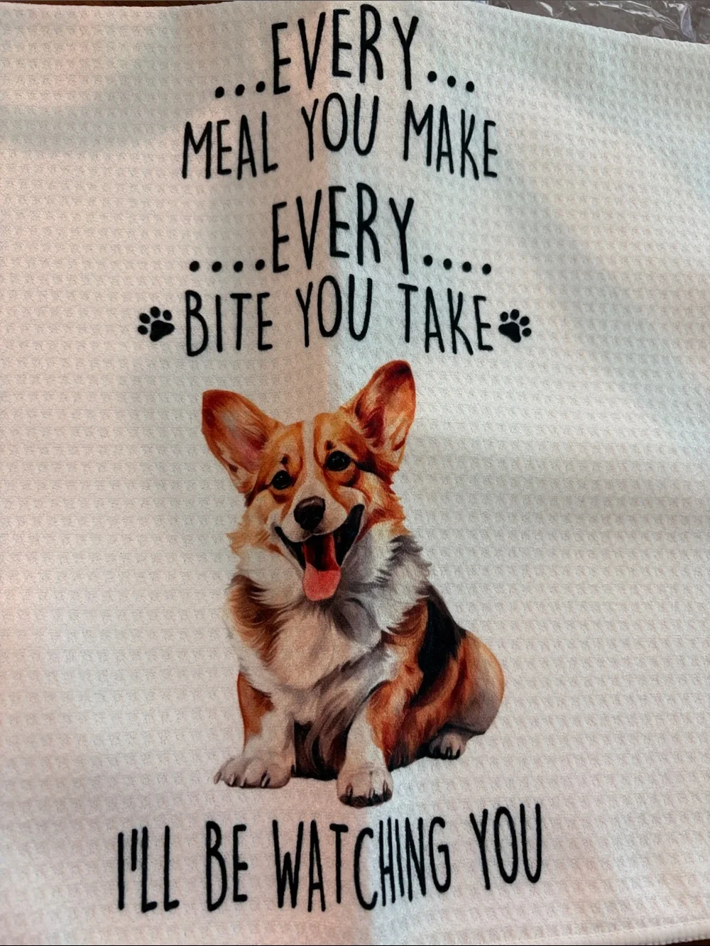 White Kitchen Towel with Corgi Illustration and Text